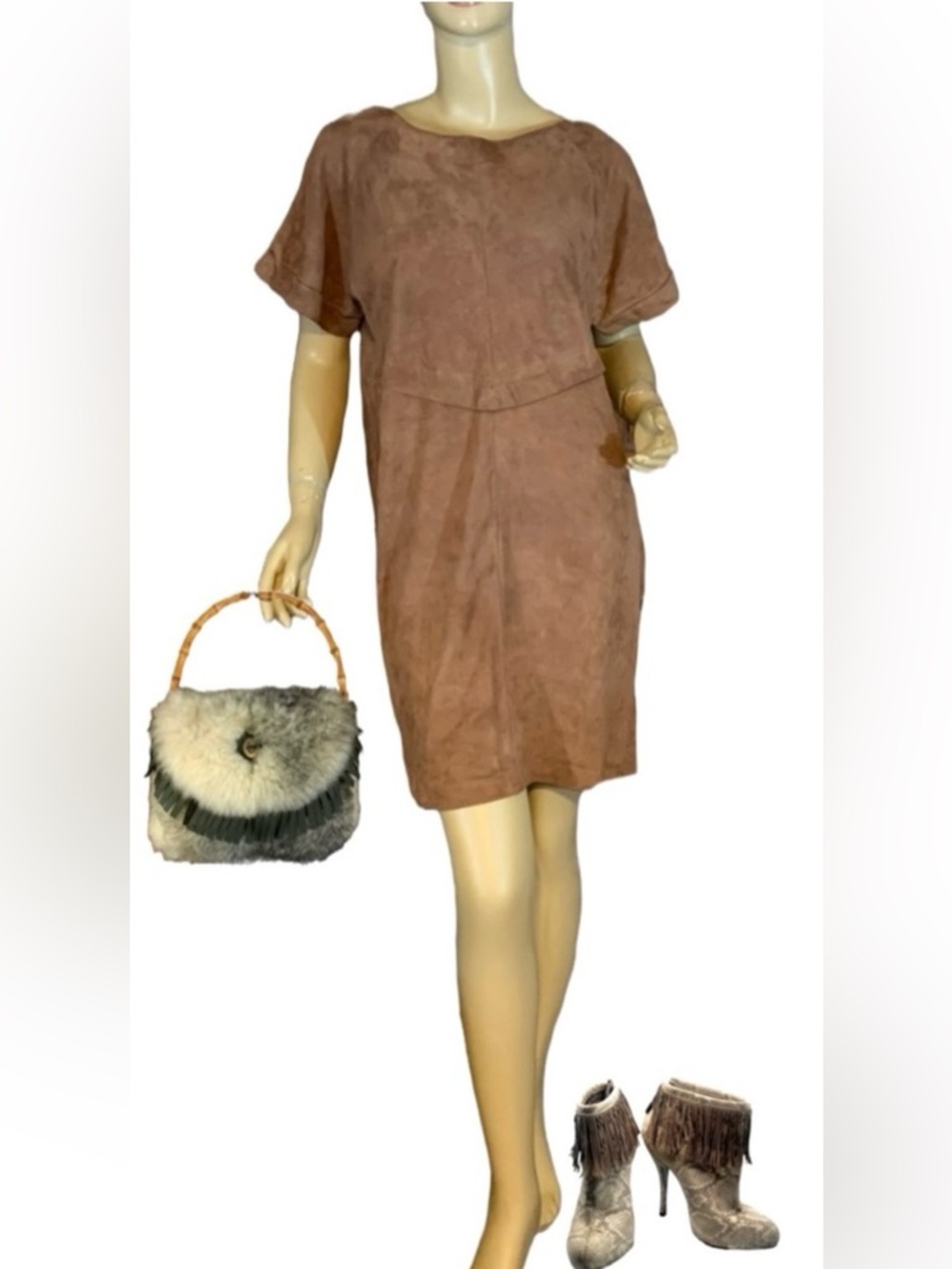 VINTAGE 1970'S ANN TAYLOR BROWN GENUINE SUEDE SHORT SLEEVE SHIFT DRESS (6)